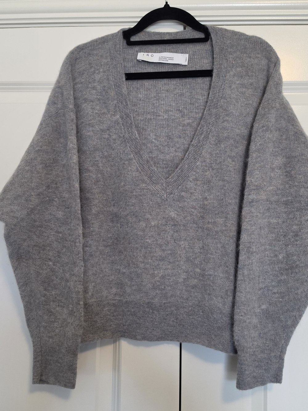 IRO PARIS FRANCE LUXURY ALPACA MERINO WOOL OVERSIZE V-NECK SWEATER GREY S
